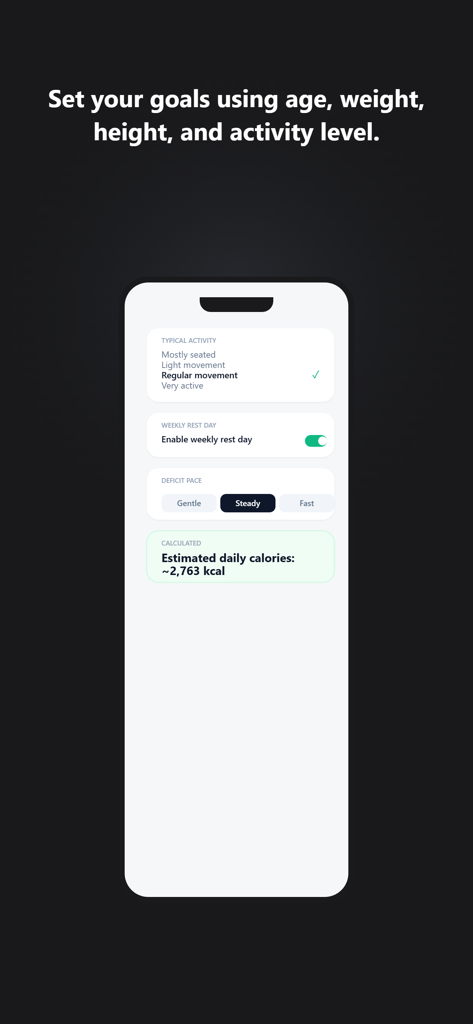 Calories Deficit Tracker - Interfaz de usuario para configurar el nivel de actividad y el ritmo del déficit calórico en la aplicación Rastreador de Déficit Calórico.
