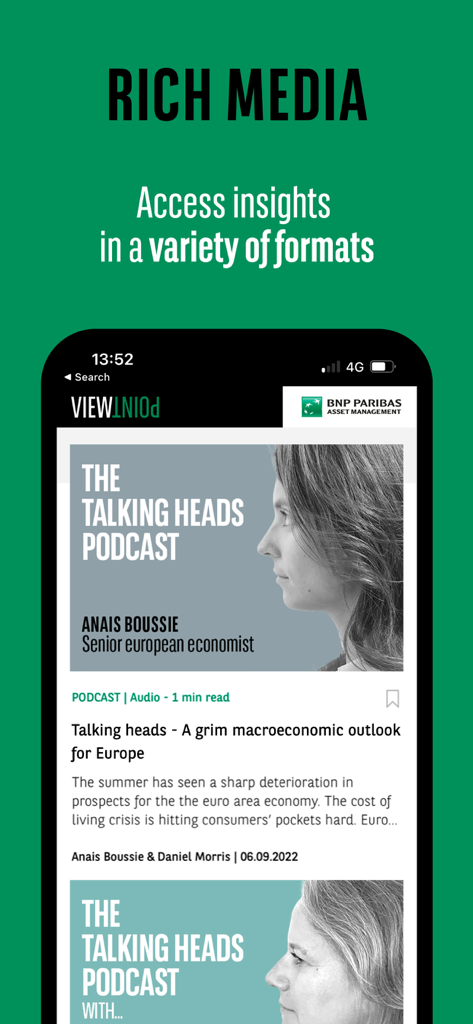 Viewpoint by BNP Paribas app showing a podcast about macroeconomic outlook