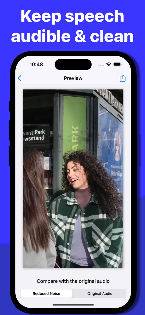 Smartphone screen showing the Noise Reducer app with a video preview and audio comparison feature