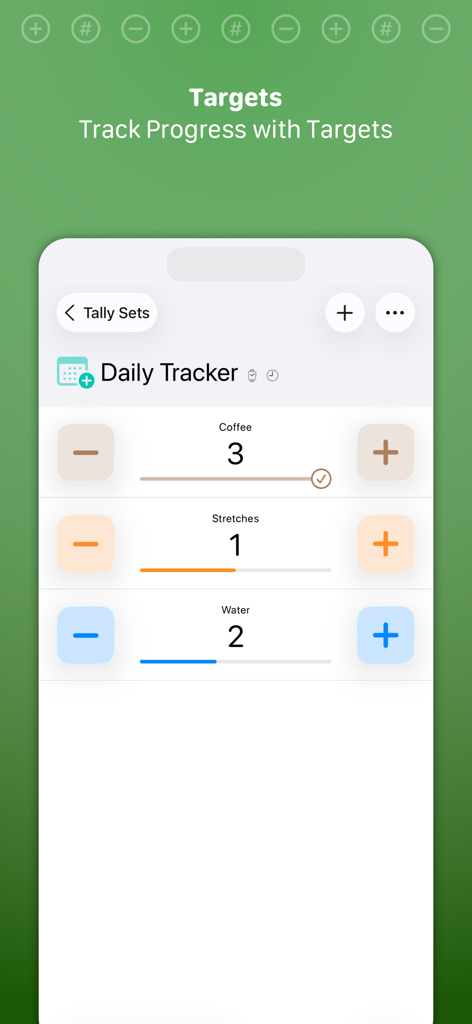 Tally • Quick Counter - Interface of Tally app showing daily tracker with progress bars for habit counting.