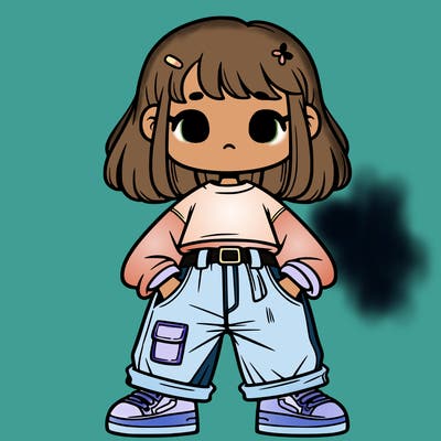 “girl, baggy shirt with jeans”