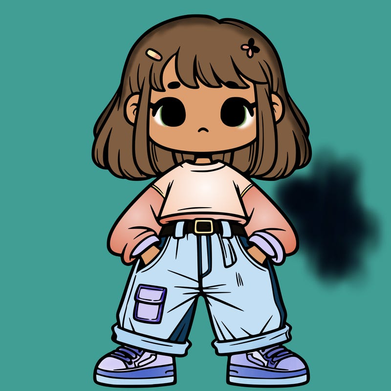 “girl, baggy shirt with jeans”