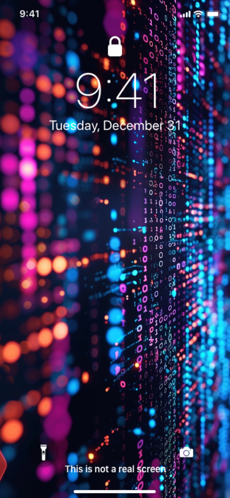 Wallpaper & Live Wallpapers - iPhone lock screen displaying a vibrant abstract wallpaper with colorful bokeh and digital code