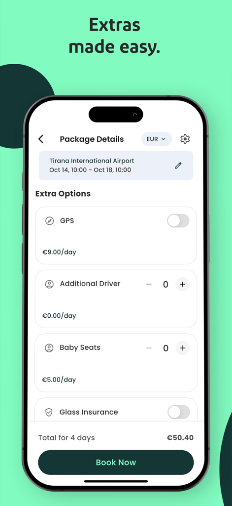 Final Rentals Car Rental App - Mobile app interface showing car rental extra options including GPS and baby seats