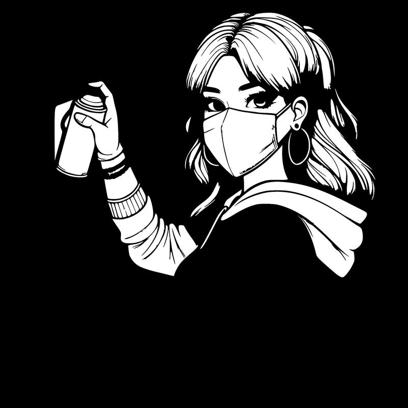 realistic girl with mask spray painting a wall