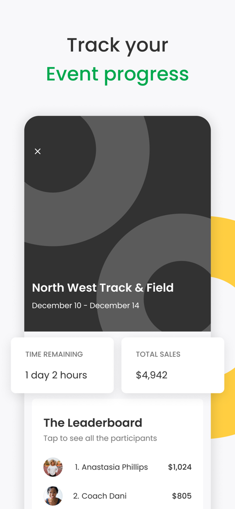 Double Good app screen showing fundraising event progress total sales and a participant leaderboard