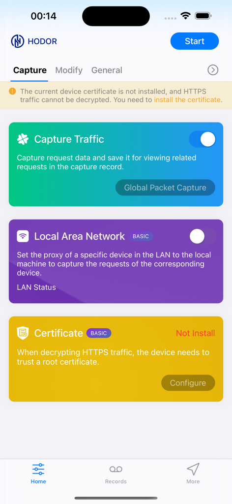 Hodor - HTTP(s) Packet Sniffer - Hodor app dashboard showing capture traffic toggle and network certificate settings