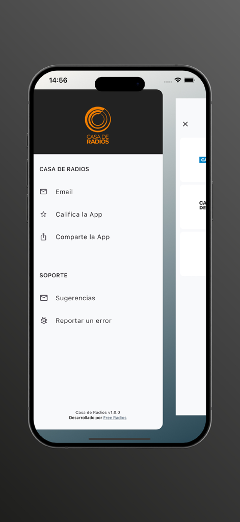 Casa de Radios - Side menu of the Casa de Radios app showing options for email, rating, sharing, and technical support