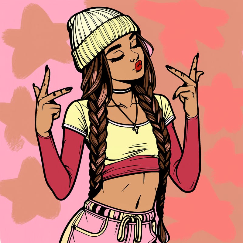 realistic teenage girl with braids and a beanie and crop top doing 🫶🏼