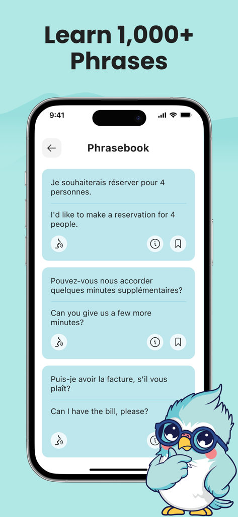 Smartphone screen showing the Kippy AI Tutor phrasebook with French to English translations for real-life travel situations like restaurant reservations.