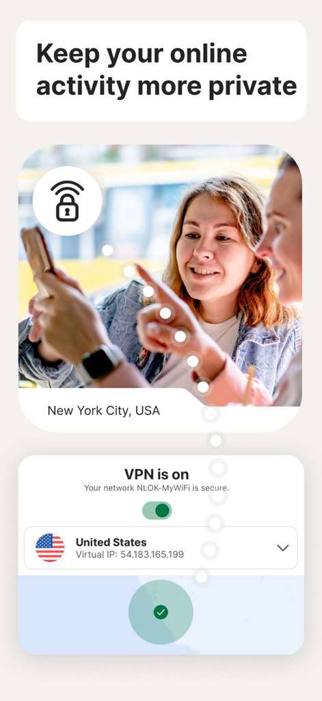 Norton 360 App-Bildschirm, der eine aktive VPN-Verbindung für private Online-Aktivitäten zeigt