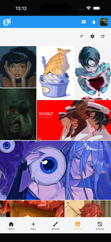 malmal: draw together - Vista de galería en la aplicación malmal que muestra una colección de arte de personajes digitales e ilustraciones generadas por el usuario.