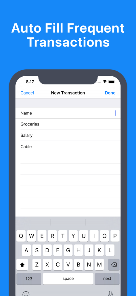 Pantalla de autocompletado de transacciones frecuentes en la aplicación Balance My Checkbook