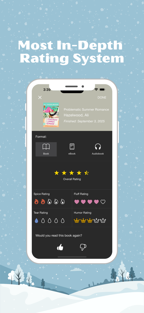 TBR Bookshelf app interface showing detailed book ratings including spice, fluff, tear, and humor meters.