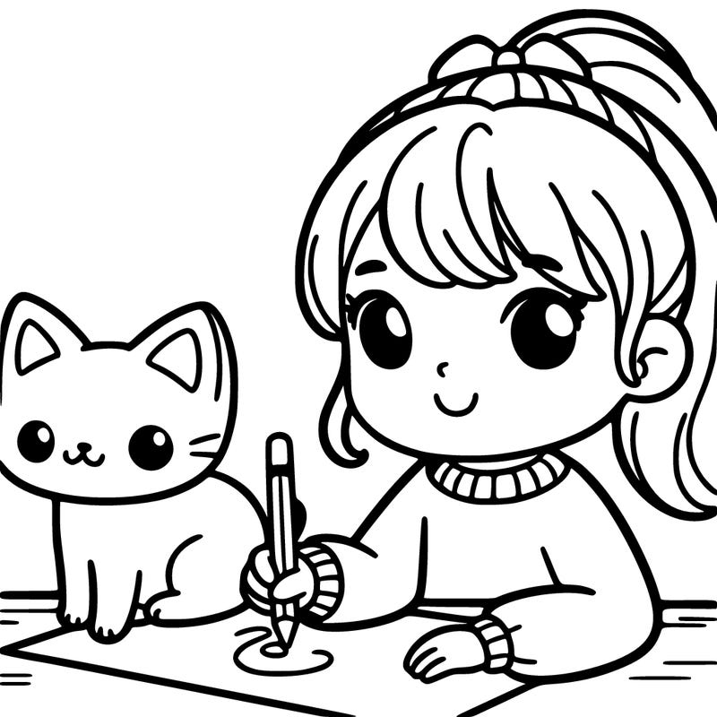 girl drawing a cat