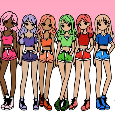 a group of girls wearing crop tops and shorts