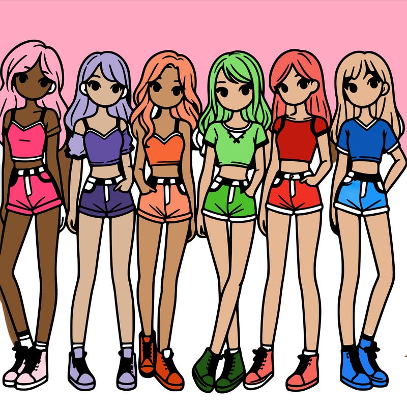 a group of girls wearing crop tops and shorts