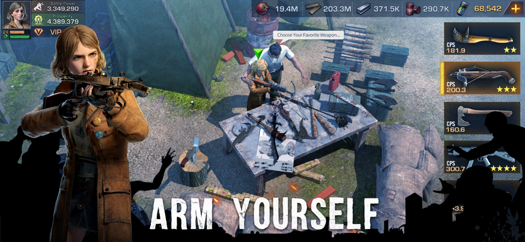 State of Survival Zombie War gameplay showing a character choosing weapons with the text Arm Yourself