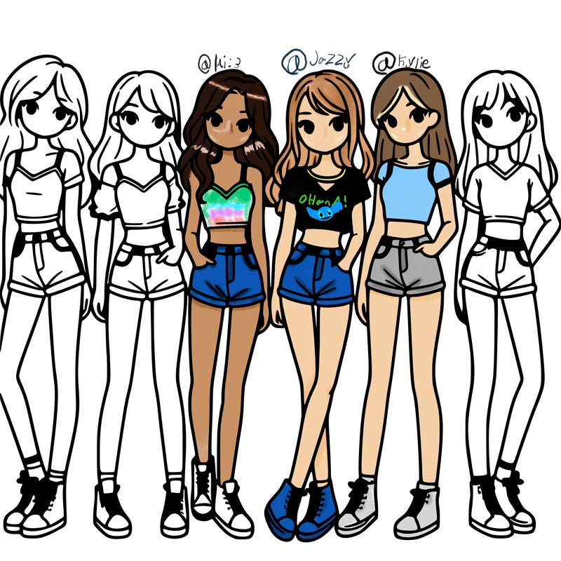 a group of girls wearing crop tops and shorts