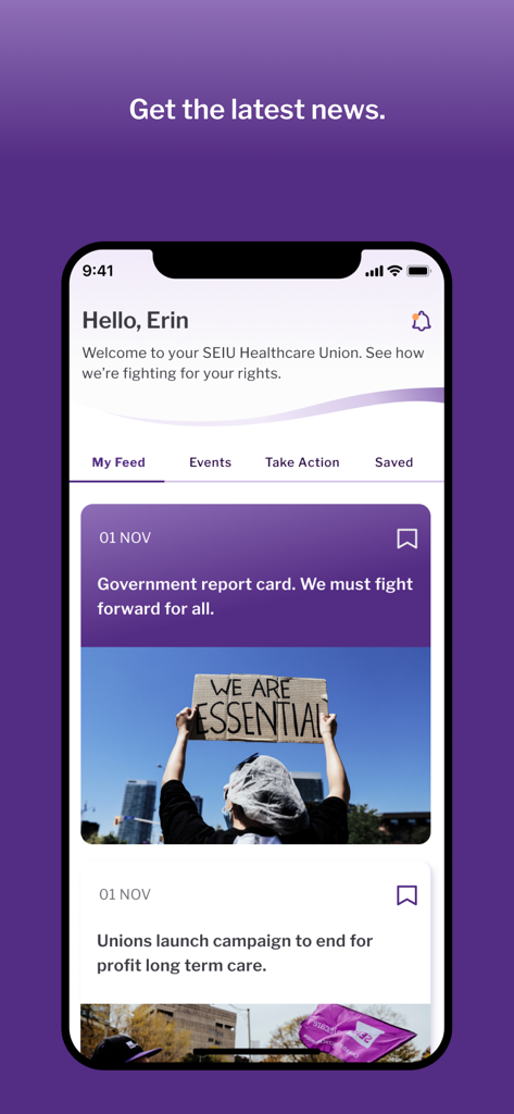 SEIU Healthcare - SEIU Healthcare app interface showing the latest news feed with union updates and advocacy campaigns for healthcare workers.