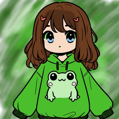 girl wearing frogging sweatshirt