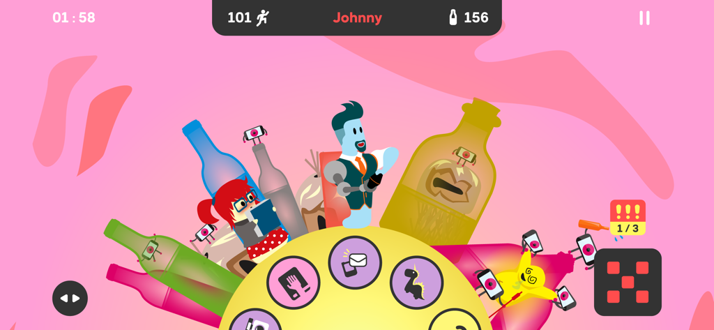 King of Booze 2 Drinking Game - Screenshot of King of Booze 2 drinking game featuring cartoon avatars and game mechanics