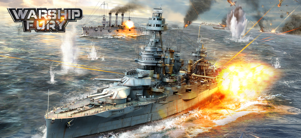 A detailed WWII battleship firing its guns during a naval battle in Warship Fury