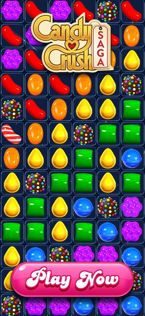 Candy Crush Saga mobile game grid with colorful candies and a pink Play Now button