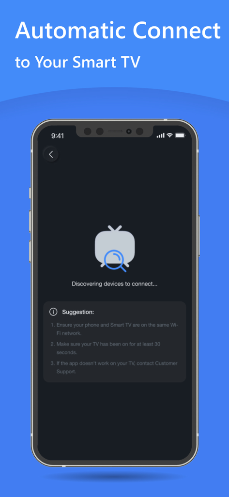 Écran de smartphone montrant la fonction de découverte automatique d'appareils pour une application de télécommande de Smart TV