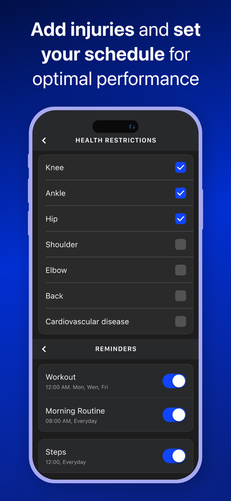 Muscle Booster app screen showing health restrictions for knee ankle and hip injuries alongside workout and morning routine reminders