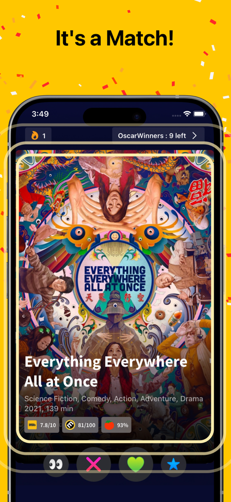 Movie Night app interface showing a successful movie match for Everything Everywhere All at Once