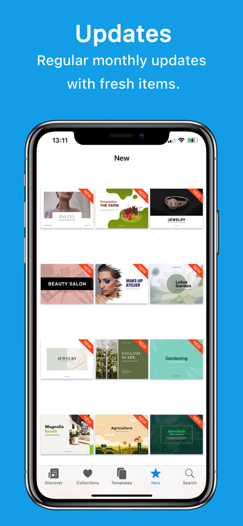 An iPhone screen displaying a grid of new presentation templates for Keynote with a header announcing regular monthly updates.