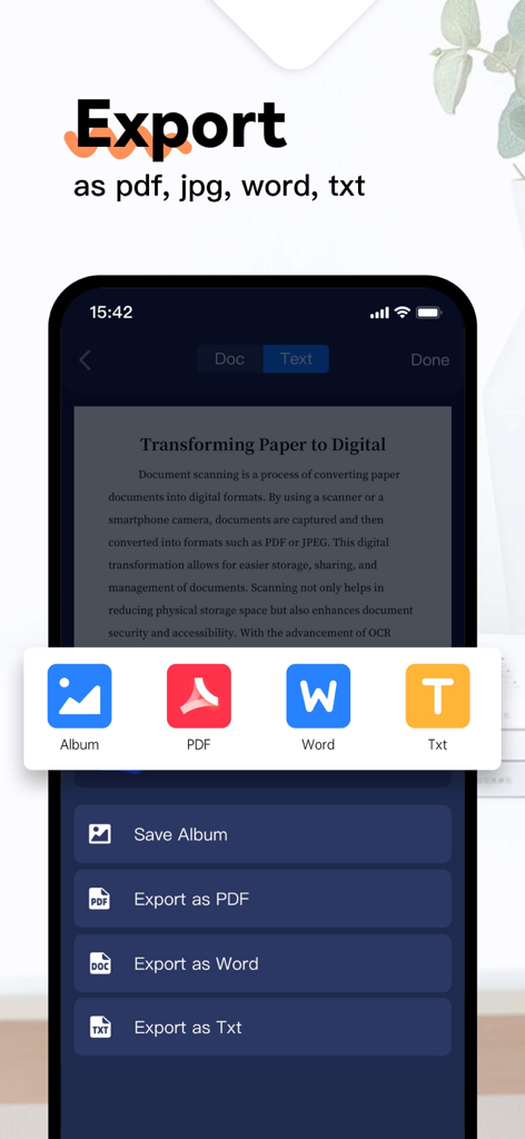 MobiScanner - PDF Scanner App - MobiScannerアプリのインターフェイスにPDF、Word、Txt形式のエクスポートオプションが表示されている様子