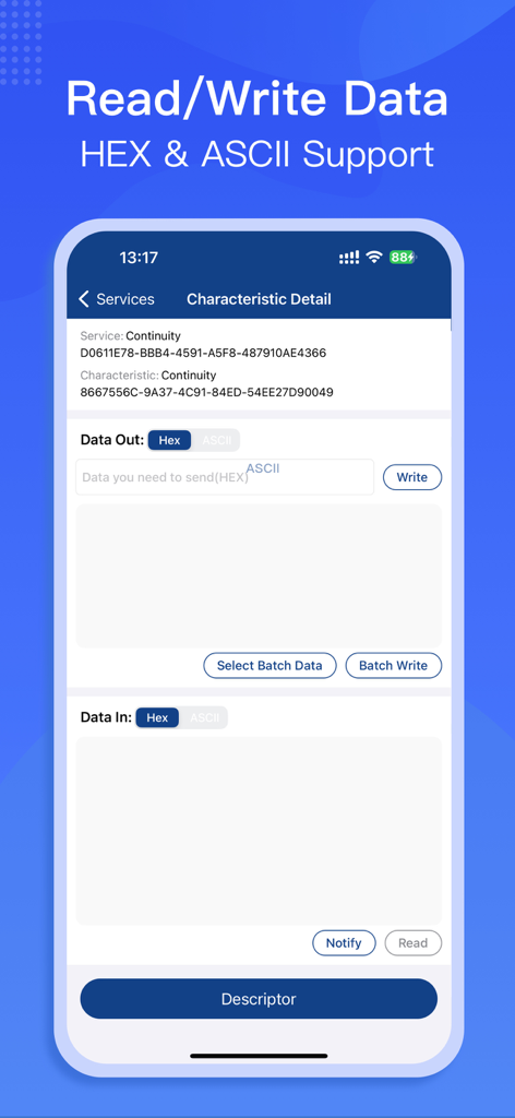 BluetoothAssistant - HEX 및 ASCII 데이터 지원이 포함된 BLE 특성 세부 정보를 보여주는 BluetoothAssistant 앱 인터페이스