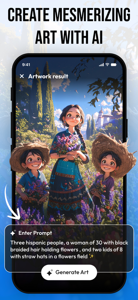 AI Art Generator & Editor - Artly AI app screen showing an animation style artwork generated from a text prompt of a woman and children in a flower field