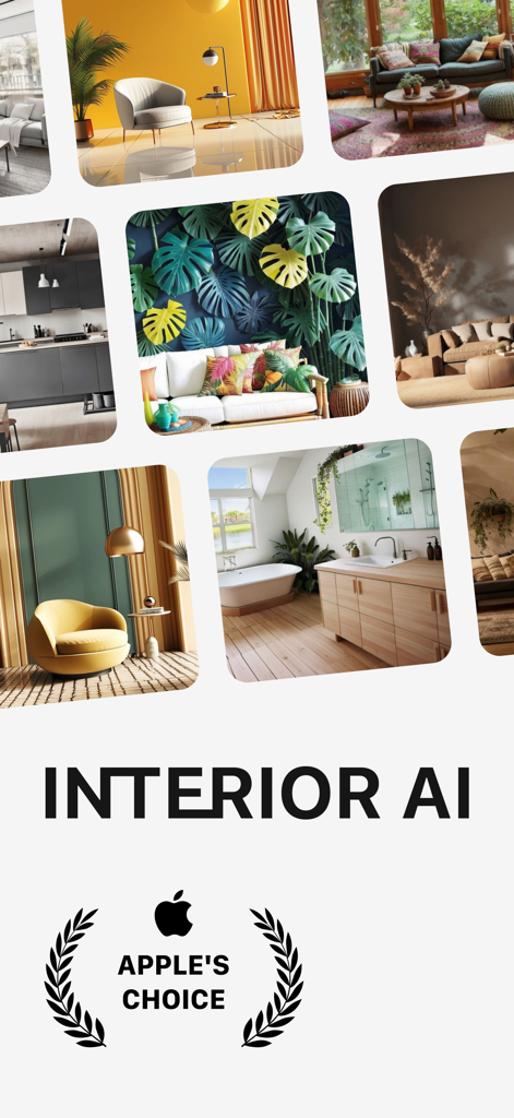 Un collage de diversos estilos de habitaciones de diseño de interiores que muestran la aplicación Interior AI con una insignia de premio Apple Choice