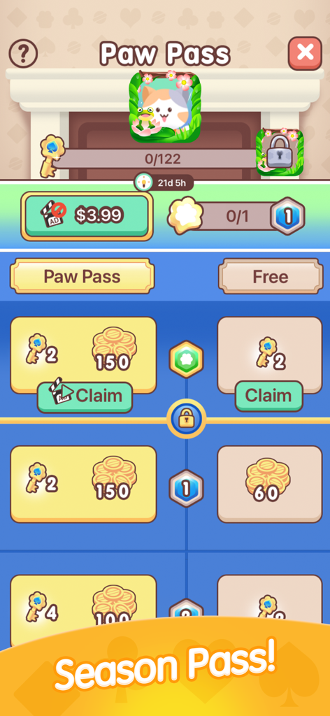 Solitaire Kitty Cats season pass screen showing premium and free rewards including coins and keys.