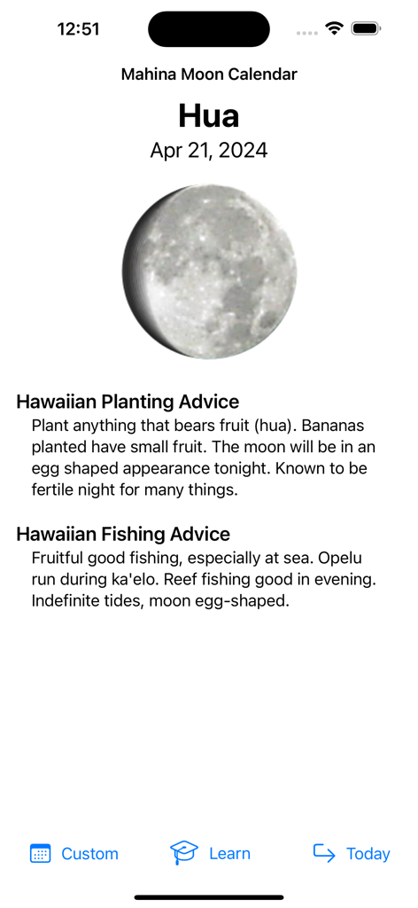 Mahina Hawaiian Moon Calendar app interface displaying the Hua lunar phase and traditional advice for planting and fishing.