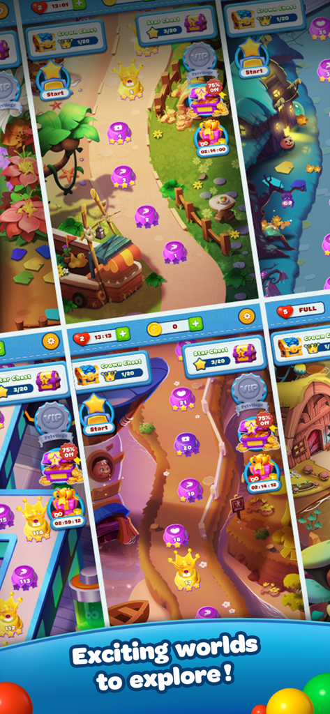 Bubble Shooter Panda Crush - Level progression map showing different colorful game worlds in Bubble Shooter Panda Crush
