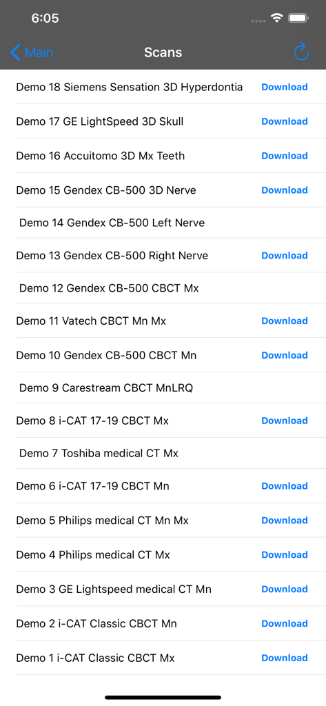 Dental CT View - A list of downloadable dental CT and CBCT demo scans within the Dental CT View app interface.