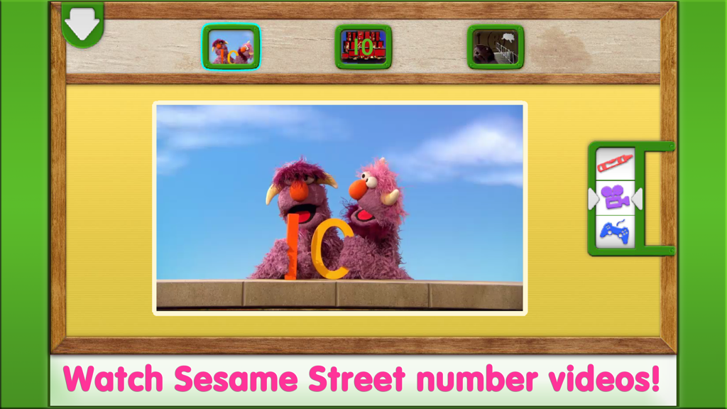 Elmo Loves 123s - Two Sesame Street monsters holding the number 10 in an educational video within the Elmo Loves 123s app