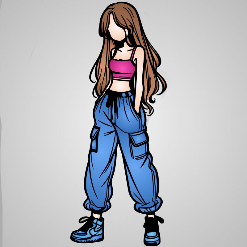 girl in baggy pants crop top and long hair