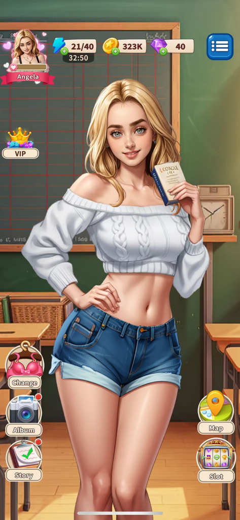 Lust Desire: Love Game - Un personaje rubio llamado Angela de pie en un aula del juego móvil simulador de citas Lust Desire