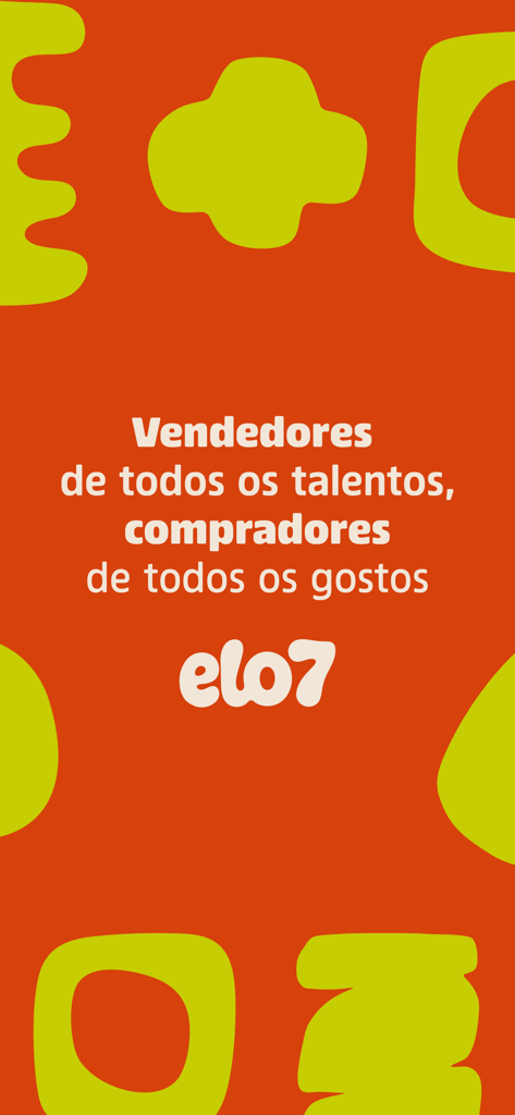 Bannière de la place de marché Elo7 avec fond orange, formes abstraites vert lime et texte portugais sur les vendeurs et les acheteurs