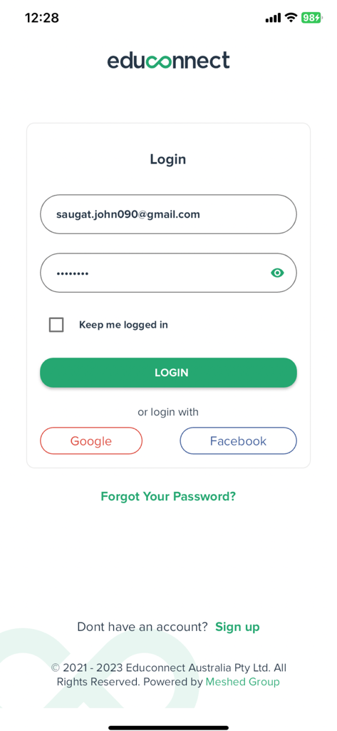 Educonnect - Login screen for the Educonnect application featuring email password and social login options
