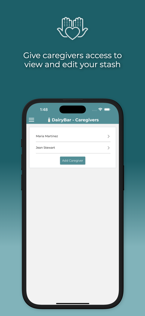 DairyBar - DairyBar app interface for managing caregiver access to breast milk storage inventory