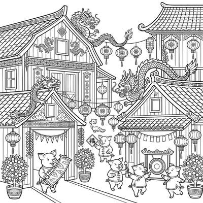 Immerse yourself in the joy of Lunar New Year with this charming coloring page, where traditional hog barns transform into a festive village scene. Adorned with magnificent dragons, intricate lanterns, and playful pigs, it's a celebration waiting for your artistic touch.
