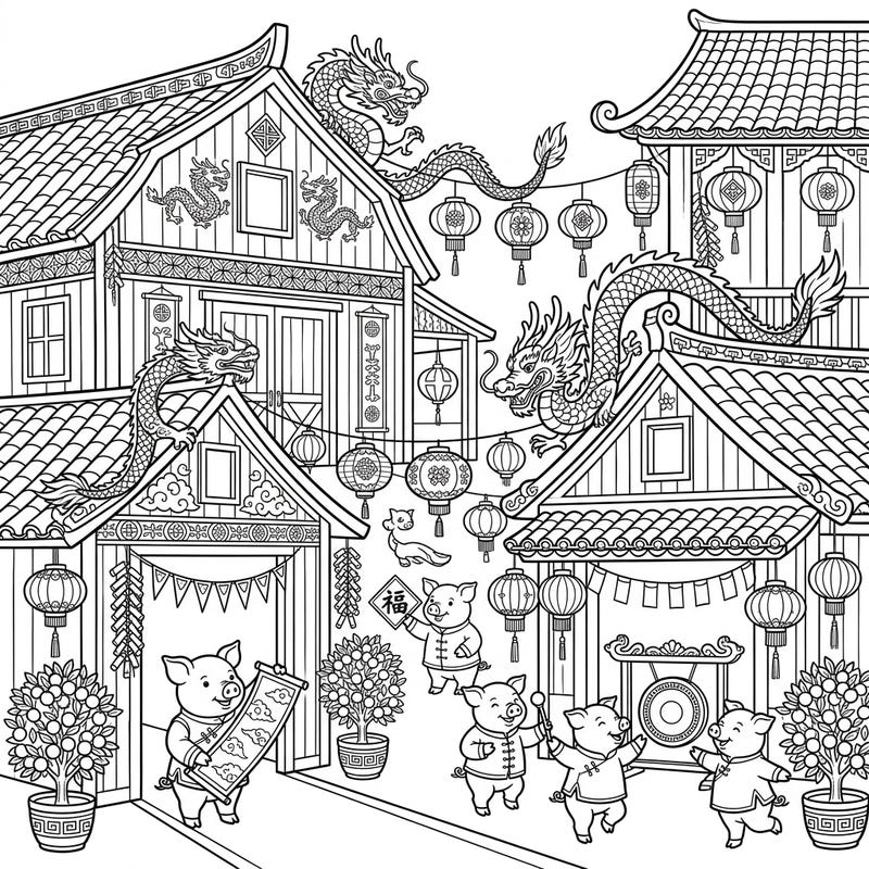 Immerse yourself in the joy of Lunar New Year with this charming coloring page, where traditional hog barns transform into a festive village scene. Adorned with magnificent dragons, intricate lanterns, and playful pigs, it's a celebration waiting for your artistic touch.