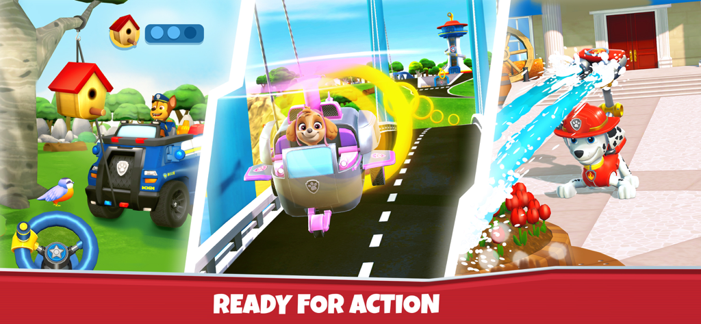 Gameplay scenes featuring Chase, Skye, and Marshall on rescue missions in PAW Patrol Rescue World.