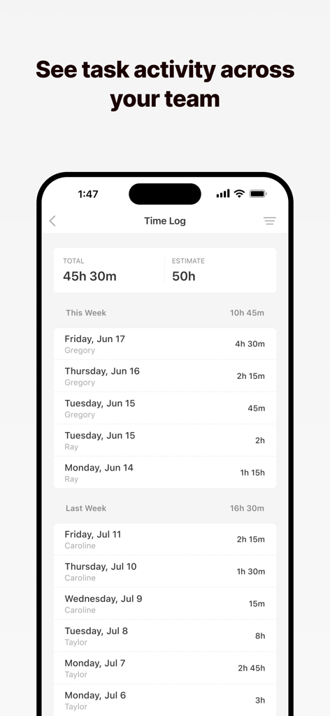 Everhour - Everhour App Benutzeroberfläche, die Team-Zeiterfassungen und eine wöchentliche Aktivitätsübersicht für Aufgaben zeigt.